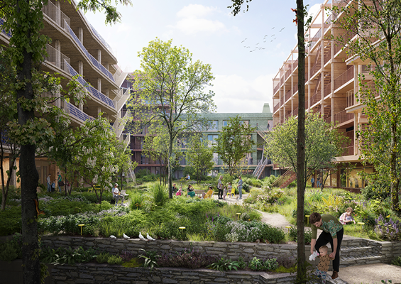 Stadstuin met huizen er omheen